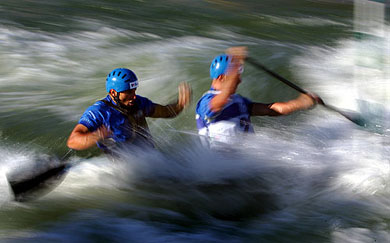 Jaroslav Volf and Ondrej Stepanek of the Czech Republic compete in the final heat of the men's C2 Class at the Canoe Slalom World Championships 