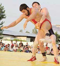 Narinder Bhura (Mohali) and Mohammad Jubed (Pakistan) grapple during the Indo-Pak Wrestling Competition held at S.S. Farms on the Kharar-Landran road, Kharar, on Saturday. 