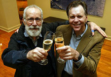 Australians Robin Warren and Barry Marshall toast their success with a champagne at Swan Berry Cafe in Pert on Monday, after winning the 2005 Nobel Medicine prize