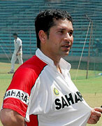 Sachin Tendulkar addresses mediapersons after a practice session at the Wankhede stadium 