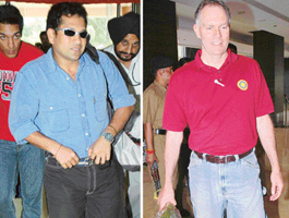 Sachin Tendulkar and  Indian coach Greg Chappell check in at Hotel Taj GVK in Chandigarh on Saturday.