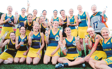 Australian hockey team celebrating after defeating India in the final of the Indira Gandhi Gold Cup hockey tournament in New Delhi on Saturday. 