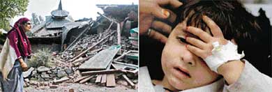 A Kashmiri woman wails near the debris of her house in Uri sector of Jammu and Kashmir; and three-year-old Nahida Kousar recovers in a Jammu hospital on Sunday after the devastation caused by Saturday’s earthquake