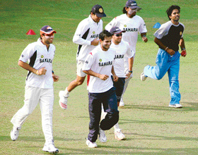 India Seniors players prepare for Monday�s opening match of the NKP Salve Challenger Trophy against India A at the PCA Stadium in Mohali on Sunday.