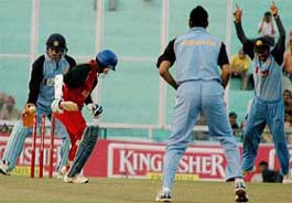 Harbhajan Singh of India Seniors dismisses Sreekumar Nair of India B during a league match of the NKP Salve Challenger Trophy at the PCA Stadium in Mohali