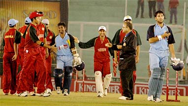 Y Venugopal Rao is congratulated by India B players after he completed his century which resulted in India Seniors� victory in a league match of the Challenger Trophy at the PCA Stadium at Mohali