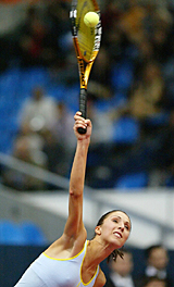 Anastasia Myskina of Russia serves to Magdalena Maleeva of Bulgaria during their Kremlin Cup match in Moscow on Wednesday. Myskina won 2-6, 6-4, 6-2.