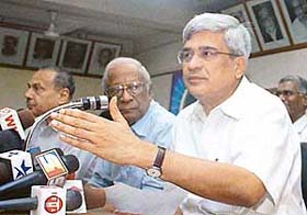CPM General Secretary Prakash Karat addresses a press conference along with A.B. Bardhan and Abany Roy at the central committee office after the Left party’s meeting in New Delhi