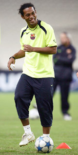 Soccer star Ronaldinho of Barcelona practises during a training session at the Olympic Stadium in Athens on Monday prior to a Champions League match against Panathinaikos