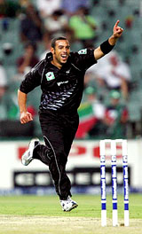 New Zealand�s Andre Adams celebrates dismissing South Africa�s Shaun Pollock for a duck during their Twenty20 international match in Johannesburg on Friday