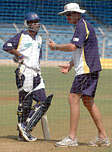 Sri Lanka cricket captain Marvan Attapatu and coach Tom Moody at the Wankhede stadium during a practice session on Sunday