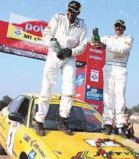 Team JK�s Naren Kumar and Ram Kumar celebrate after winning the overall title in the Power M1 Challenge which concluded at Kalagram, Chandigarh, on Sunday