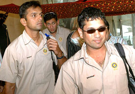 Rahul Dravid, Ajit Agarkar and Sachin Tendulkar arrive at Hotel Taj in Chandigarh on Wednesday.