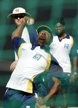 Muttiah Muralitharan in action during a practice session at the Mansingh Stadium in Jaipur on Sunday