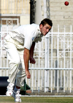 Liam Plunkett of England in action during the third and final day of their three-day match against Patron�s XI in Rawalpindi on Wednesday