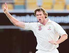 Glenn McGrath of Australia gestures after dismissing Devon Smith of the West Indies during the second day of the first Test in Brisbane on Friday