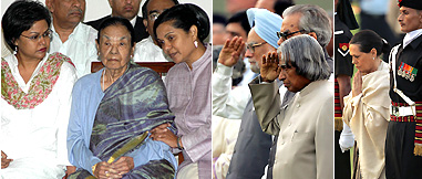 Former President K. R. Narayanan’s widow, Usha (centre) and daughters Chitra ( right) and Amrita sit in front of the mortal remains of the former President in New Delhi on Wednesday. President A.P.J. Abdul Kalam, Vice-President Bhairon Singh Shekhawat and Prime Minister Dr Manmohan Singh pay their last respects to the mortal remains of the former President before the funeral at Karam Bhoomi in New Delhi on Thursday. Congress Party President Sonia Gandhi pays homage to the former President ahead of his cremation.