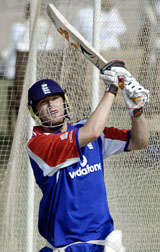 England�s Andrew Flintoff plays a shot during a net practice session at the Multan Cricket Stadium on Thursday