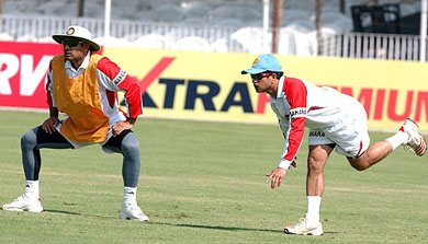 Virender Sehwag and Sachin Tendulkar during a practice session at the IPCL Stadium in Vadodara on Friday