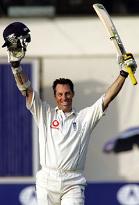 England captain Marcus Trescothick rejoices after scoring a century against Pakistan on the second day of the first Test in Multan