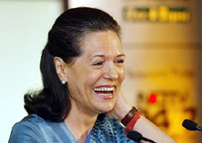 Congress President Sonia Gandhi laughs while answering a question during the Hindustan Times Leadership Summit in New Delhi on Tuesday