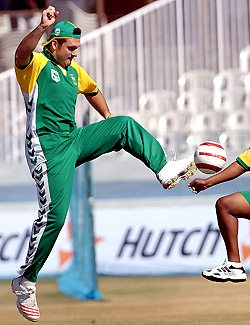 South African cricket team captain Graeme Smith plays football during a practice session in Hyderabad on Tuesday