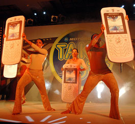 Dance troupe performs at the launch of Motorola�s �Made-in-India� suite at a press conference in New Delhi on Wednesday.