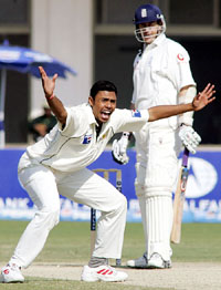 Danish Kaneria appeals for a lbw decision during the fifth day of the first Test match in Multan