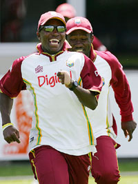 Fidel Edwards of the West Indies leads his team-mates during a training session at Bellerive Oval in Hobart on Wednesday