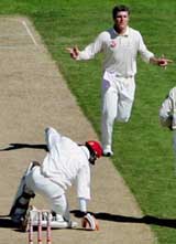 Australia�s Stuart MacGill rejoices on dismissing Denesh Ramdin of the West Indies on the first day of the second Test in Hobart on Thursday
