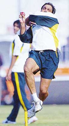 Pakistani fast bowler Shoaib Akhtar bowls during a practice session in Faisalabad on Saturday.