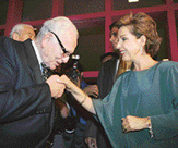 French designer Pierre Cardin kisses the hand of Mexico's first lady Marta Sahagun before his presentation of the Four Season fashion show collection  in Mexico City on Wednesday.