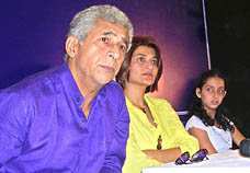 Actor Naseeruddin Shah with actress Saarika and child actor Pearl, speak to the media about ‘Parzania in the Black Box’ in Goa on Monday.