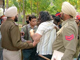 Police rounding up miscreants at Housefed Colony after trouble broke out in the area over the construction of a temple in Bathinda
