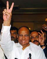 Mr Sharad Pawar shows the victory sign after being elected President of the Board of Control for Cricket in India at Kolkata
