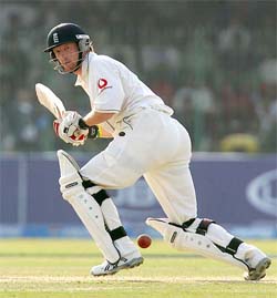 England�s Paul Collingwood plays a shot on the first day of the third Test against Pakistan in Lahore