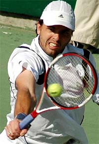 Divij Sharan in action against sixth seed Lee Childs of the UK in the ITF F7 Futures tennis meet in Chandigarh