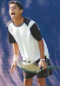 Sanam K Singh reacts after losing a point during his match against Toshihide Matsui of Japan at the ITF Futures tennis tournament in Chandigarh