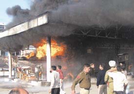 The scene at a petrol pump where a major fire broke out in Hoshiarpur on Friday