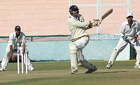 Kaushik Reddy of Hyderabad plays a shot on the first day of the Ranji Trophy Elite Group B match against Punjab at the PCA Stadium in Mohali on Friday