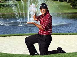 India�s Shiv Kapur holds the trophy after winning the Volvo Masters of Asia golf event at the Thai Country Club in Bangkok on Sunday.