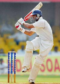 Yuvraj Singh hits a shot in the second innings on the third day of the third and final cricket Test match against Sri Lanka in Ahmedabad on Tuesday.