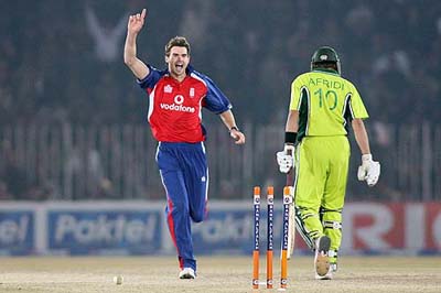 England�s James Anderson celebrates after dismissing Pakistan�s Shahid Afridi during the fifth ODI in Rawalpindi on Wednesday