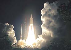 The Ariane-5 space rocket lifts off from the Kourou Space Center, French Guyana, on Wednesday.