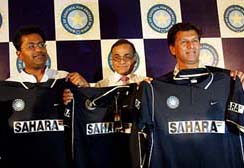 BCCI Vice-President Lalit Modi, Secretary Niranjan Shah and Chairman of Selectors Kiran More unveil Indian cricket team�s outfit made by sports goods manufacturer Nike in Mumbai on Friday