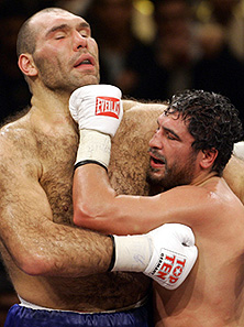 Nikolai Valuev of Russia in action against WBA heavyweight title holder John Ruiz of the USA in Berlin on December 17