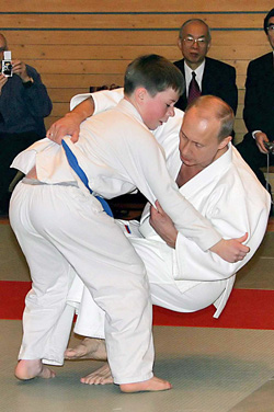 Russian President Vladimir Putin attends a master class at a judo school in St. Petersburg, Russia on Saturday