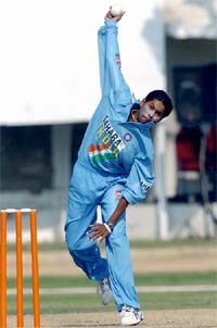 India�s Nooshin Al-Khadeer bowls during an Asia Cup match against Sri Lanka at the National Stadium in Karachi