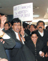 Lawyers at Tis Hazari courts demonstrating against the functioning of a mediation cell on the premises in the Capital on Monday.