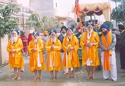 Panj Piaras leading the nagar kirtan in Kapurthala to mark the birth anniversary of Sri Guru Gobind Singh on Wednesday. 
